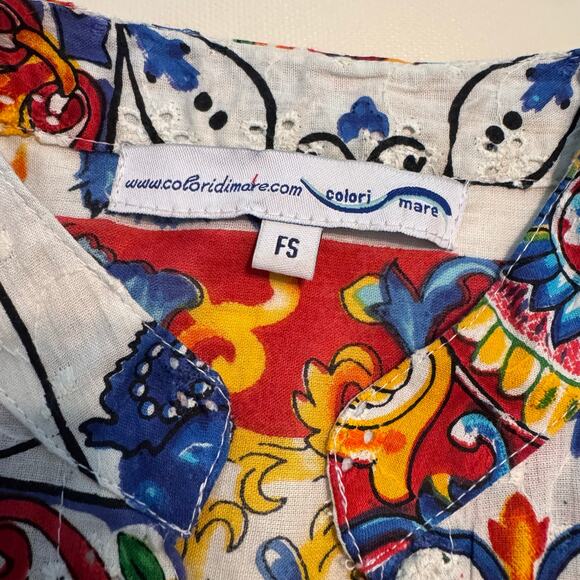 Colori di Mare Colorful Eyelet Tunic Caftan Dress Boho Artwear Resort Retro sz S - Picture 5 of 10